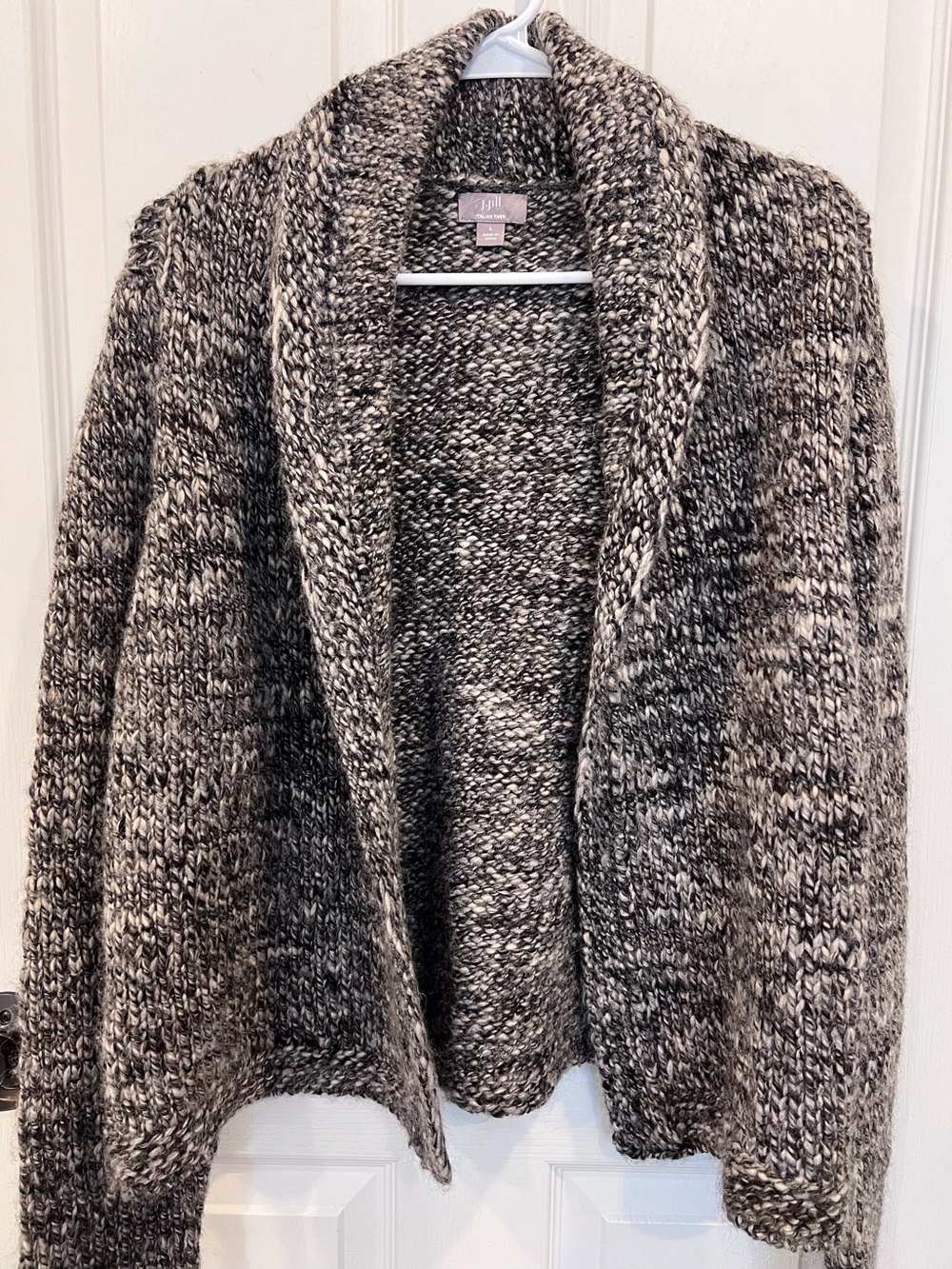J. Jill Marled Black and Gray Italian Yarn Open-Front Shawl Collar Cardigan